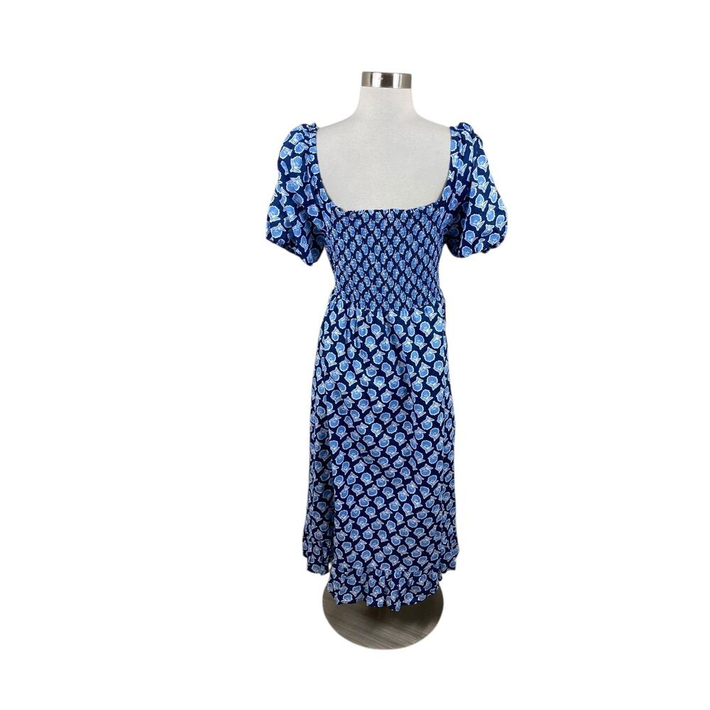 J. Crew 2X Blue Floral Smocked Midi with Puff Sleeve Nap Dress Coastal Pockets